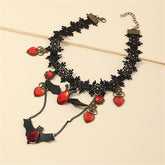 Black and red choker necklace with bat and heart designs, ideal accessory for Halloween celebrations.